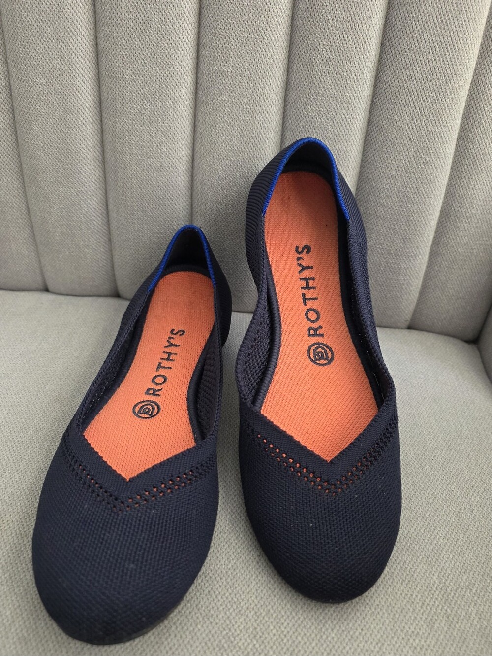 Rothy's Navy Knit Ballet Flats with Orange Insole Size 8.5 Used, Like New.